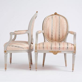 A pair of Gustavian carved armchairs, late 18th century.