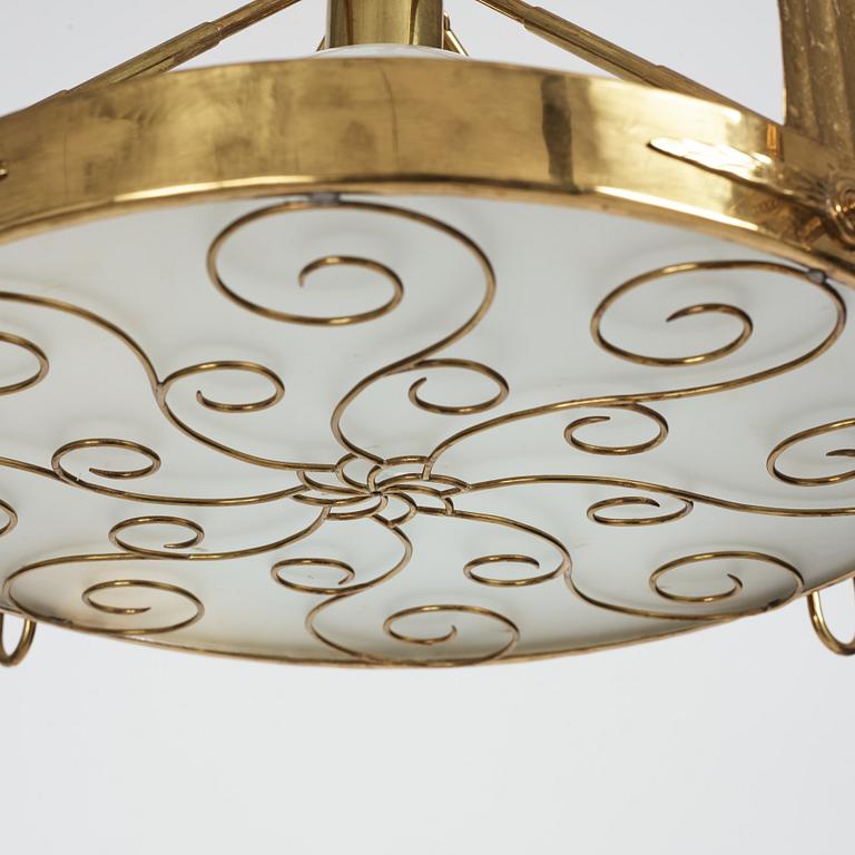 Lars Holmström, a Swedish Grace brass ceiling chandelier, Arvika Sweden 1920s-1930s.