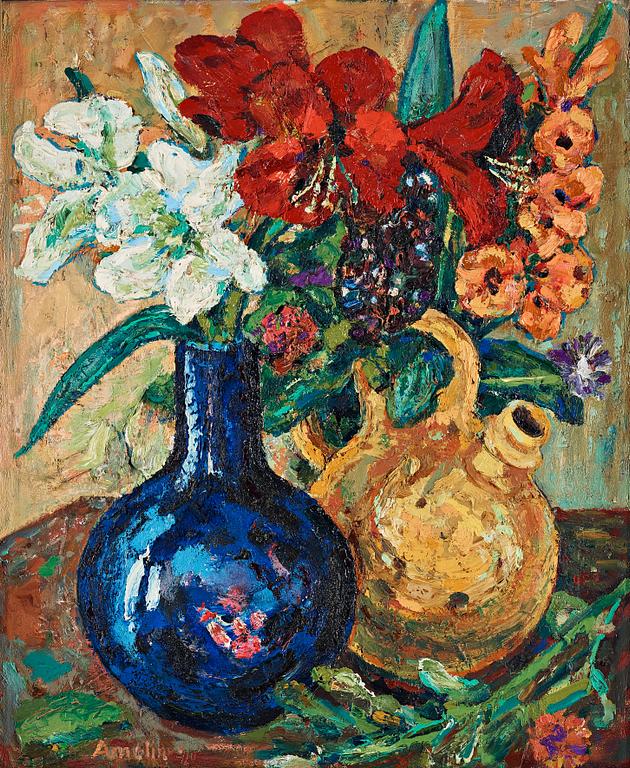 Albin Amelin, Still life with flowers. Signed Amelin. Canvas 100 x 82 cm.