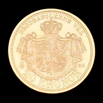 GULDMYNT, 20 kr, Oscar II, 1899. Vikt ca 9 g.