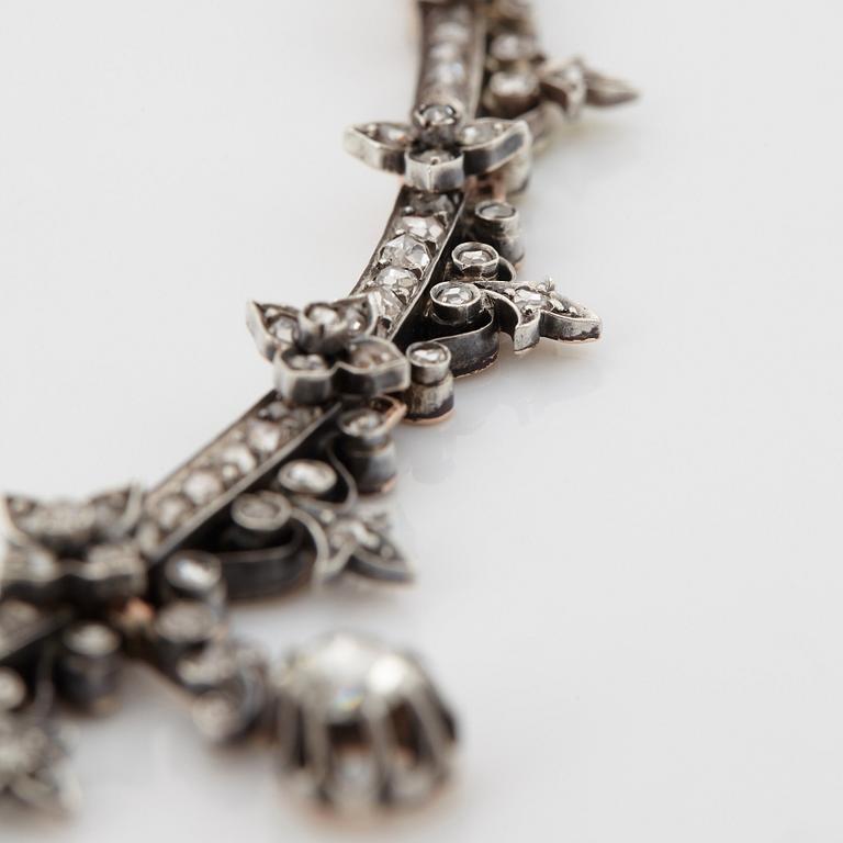 Collier 14K guld och silver med rosenslipade diamanter, 1800-tal.
