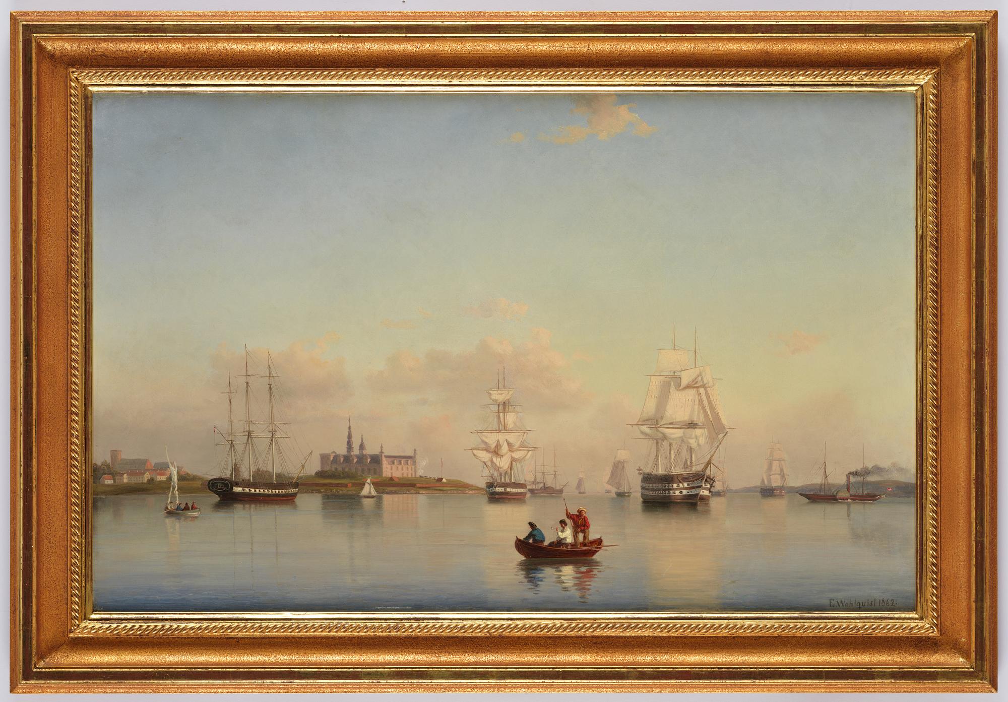 Ehrnfried Wahlqvist Warship at anchor in calm waters by Kronborg Castle.