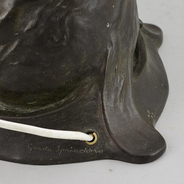 GERDA SPRINCHORN, an Art Nouveau green patinated bronze lamp "The Sun", Herman Bergman, Stockholm, early 20th century.