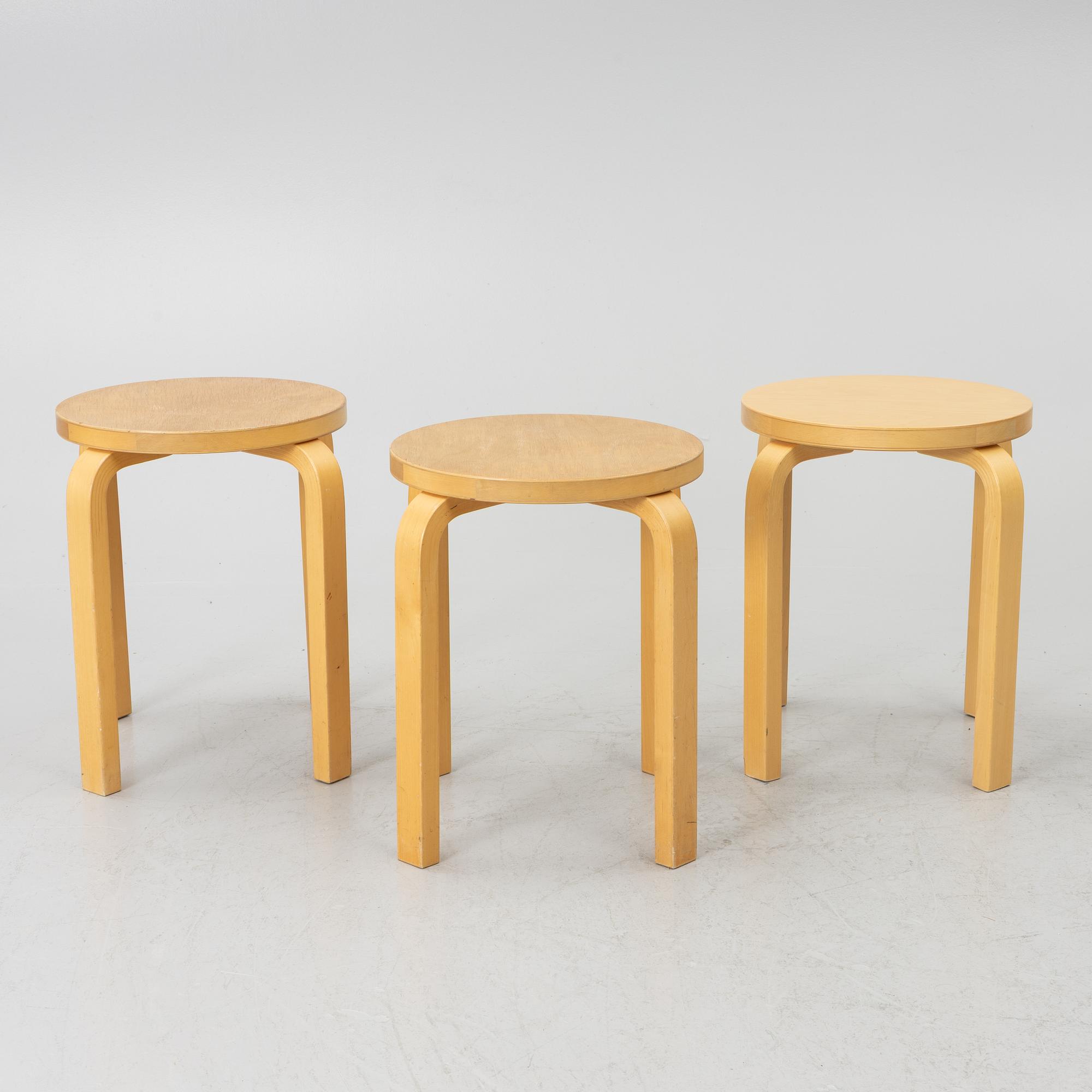 Alvar Aalto, stools, 3 pcs, model E60, Artek, Finland.