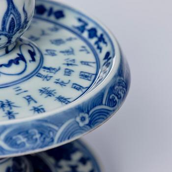 A pair of blue and white pricket candle sticks, with a poem, Qing dynasty with a Qianlong mark and of the period.