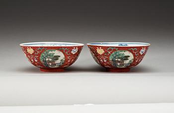 A pair of famille rose sgrafitto bowls, early 20th Century.