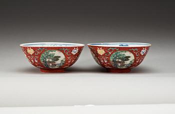 A pair of famille rose sgrafitto bowls, early 20th Century.