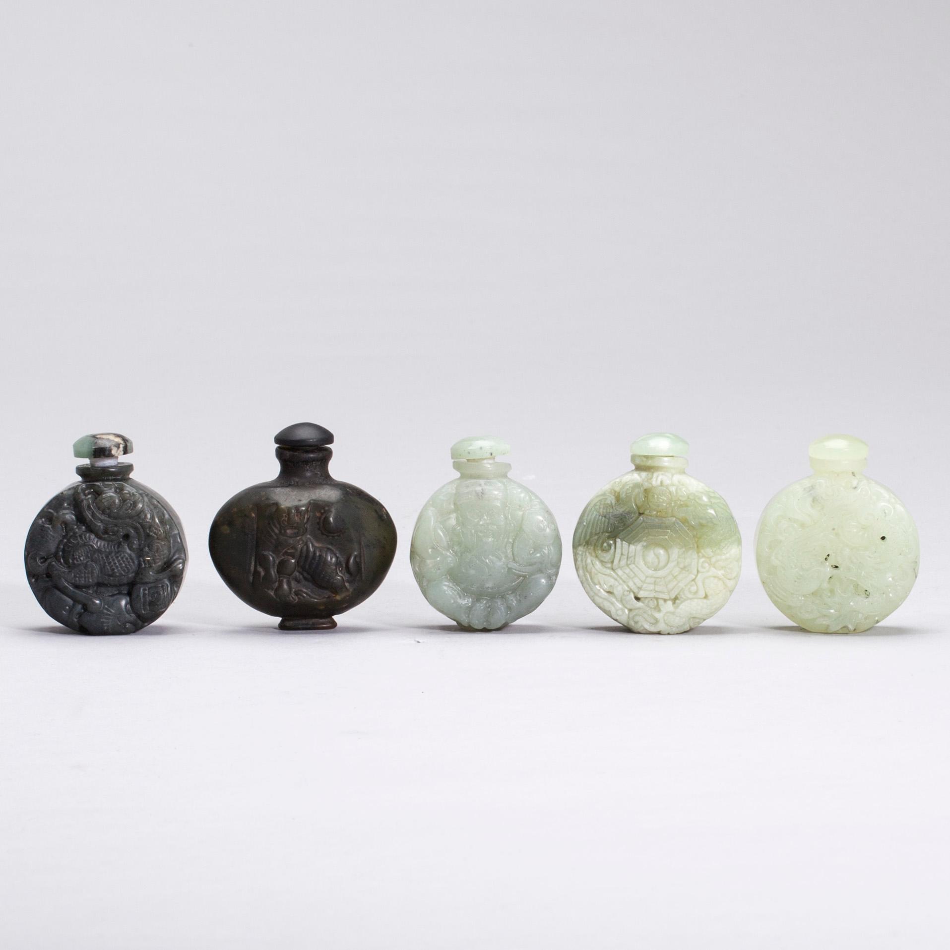 SNUSFLASKOR, 5 st, serpentinsten, 1900-talets slut.
