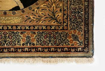 An antique pictoral, part silk Kashan 'Mohtasham' rug, Central Persia, c. 87 x 65 cm.