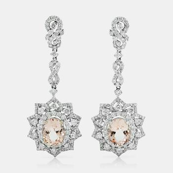 766. A pair of morganite, circa 5.56 ct and diamond, circa 3.95 ct earrings.