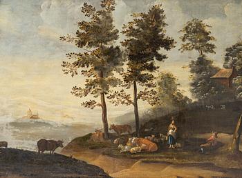Aelbert Cuyp, follower of., Pastoral coastal landscape with figures and livestock.