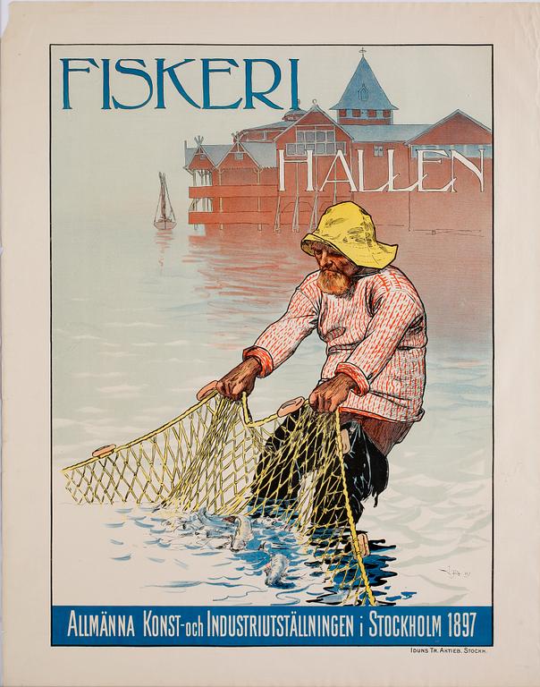 AFFISCH, färglitografi, Vicke Andrén, Konst och industriutställningen i Stockholm 1897.