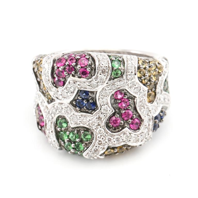 Ring in 18K white gold with round brilliant-cut diamonds and faceted coloured stones.