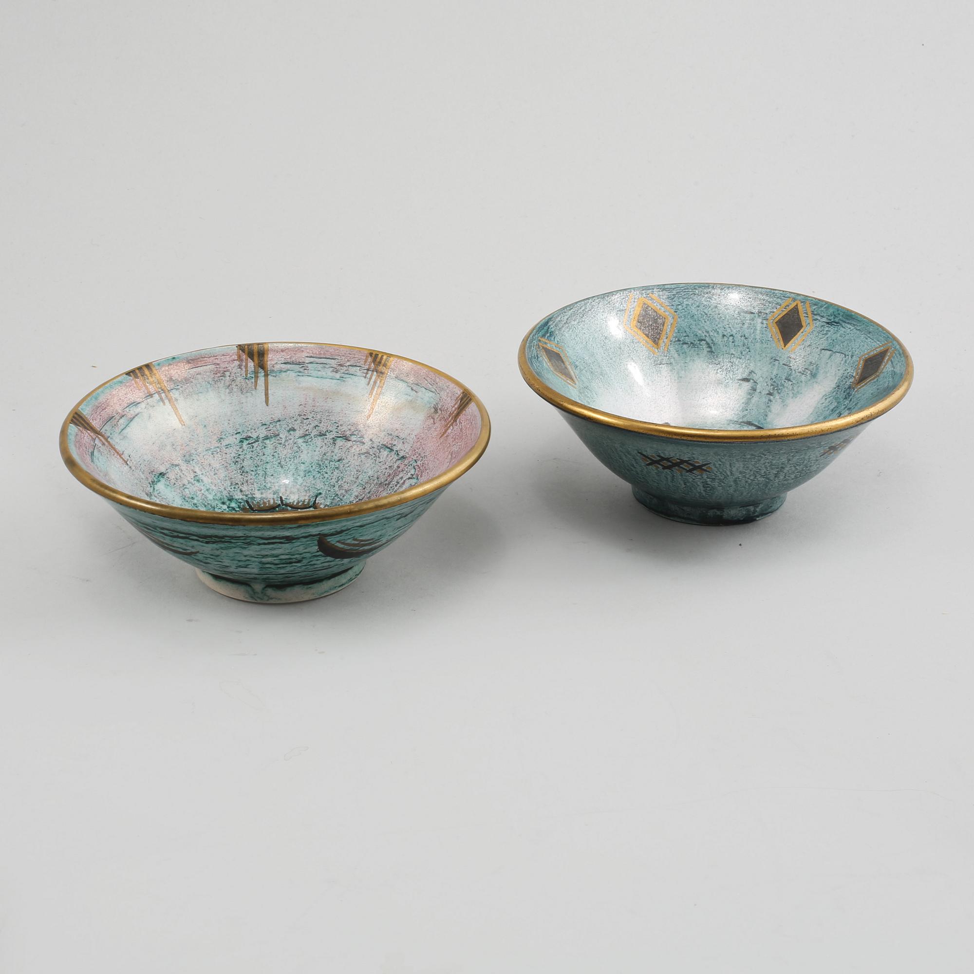 SKÅLAR, 2 st, flintgods, Josef Ekberg, Gustavsberg, daterade 1926.