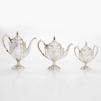 Kaffe- och teservis, 5 delar, silver, på försilvrad bricka, USA, sannolikt 1930-tal.