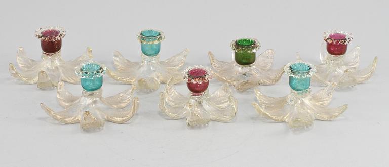 LJUSSTAKAR, 7 st, glas, Murano, omkring 1900-talets mitt.