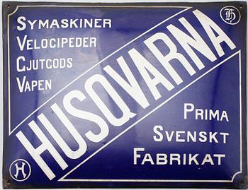 REKLAMSKYLT, emalj, tidigt 1900-tal, Husqvarna.