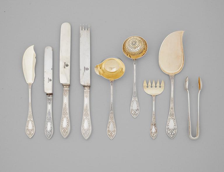 A Russian parcel-gilt silver 106 piece table-service, mark of Grachev, St. Petersburg 1908-1917.