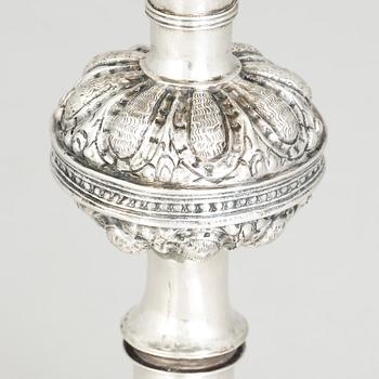 An 18th century parcel-gilt silver cup and paten, unmarked.