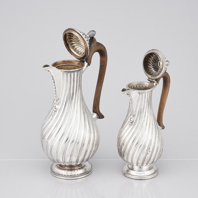 A Victorian silver coffee pot and a milk pot, Martin Hall & Co Ltd, London 1878 and Charles Stuart Harris, London 1877.
