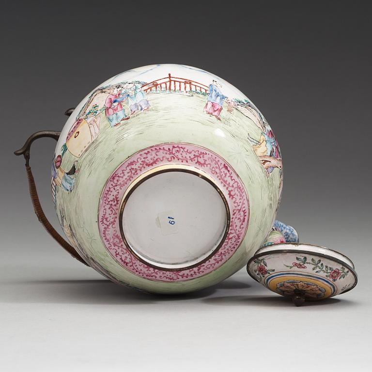 An export enamel on copper tea pot with cover, Qing dynasty, 18th Century.