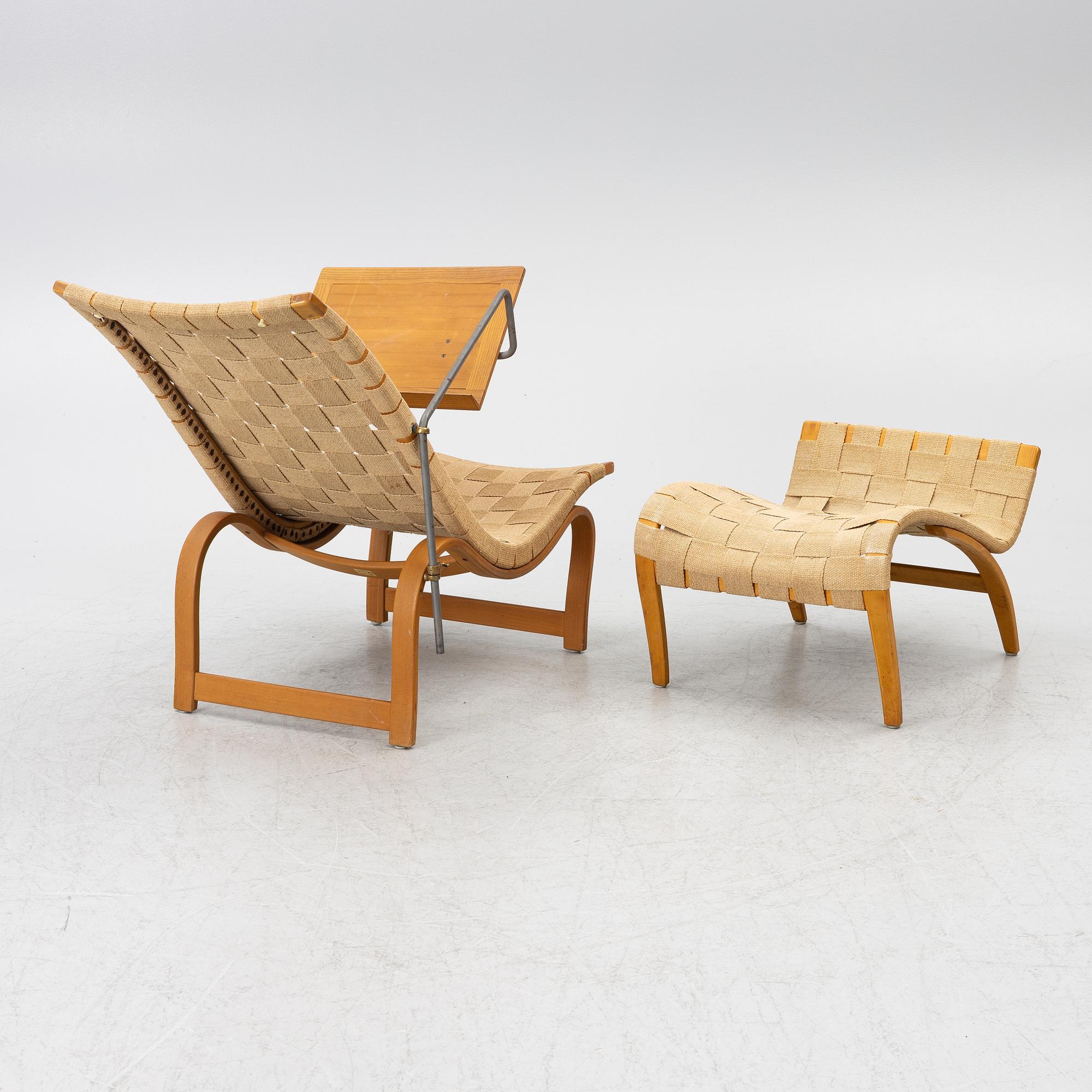 Bruno Mathsson, Chair, "Vilstol mod. 36", with reading table, and footstool "Pernilla", Karl Mathsson Company, Värnamo.