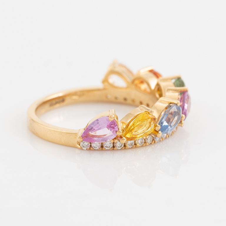 Multi coloured sapphire and brilliant cut diamond ring.