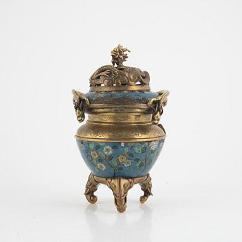 A Chinese cloisonné and bronze tripod censer, late Qing dynasty.