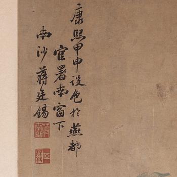 A Chinese scroll painting/wall paper-panel, ink and colour on paper, after Jiang Tingxi (1669-1732), Qing dynasty.