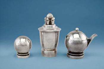 461. A THREE PIECE SPICE SET. Georg Jensen Denmark. Sterling silver. Total weight including mechanisms 286 g.