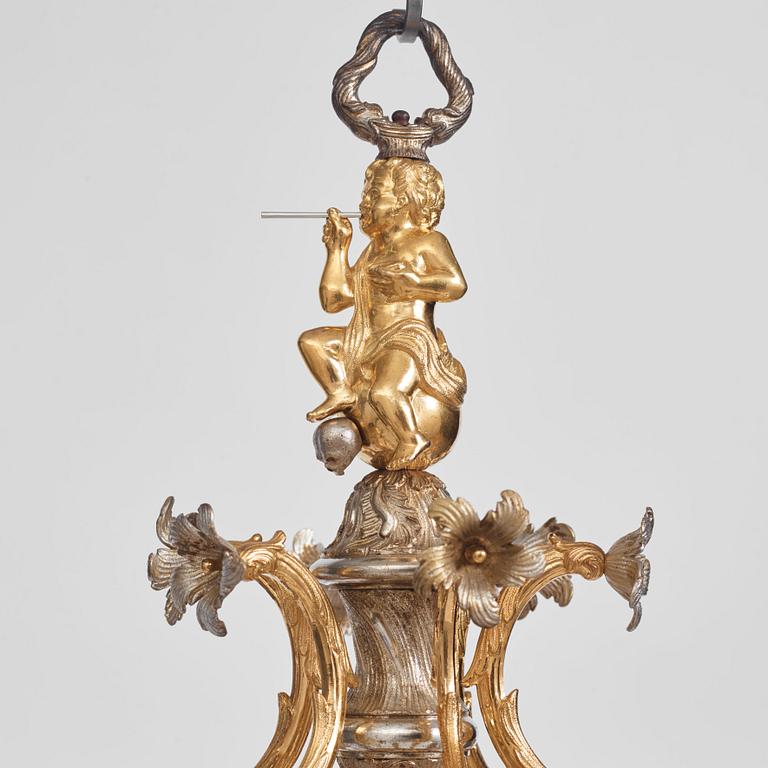 Carl Edberg's Masterpiece, a Swedish rococo silvered and gilt-brass six-light chandelier, circa 1755.