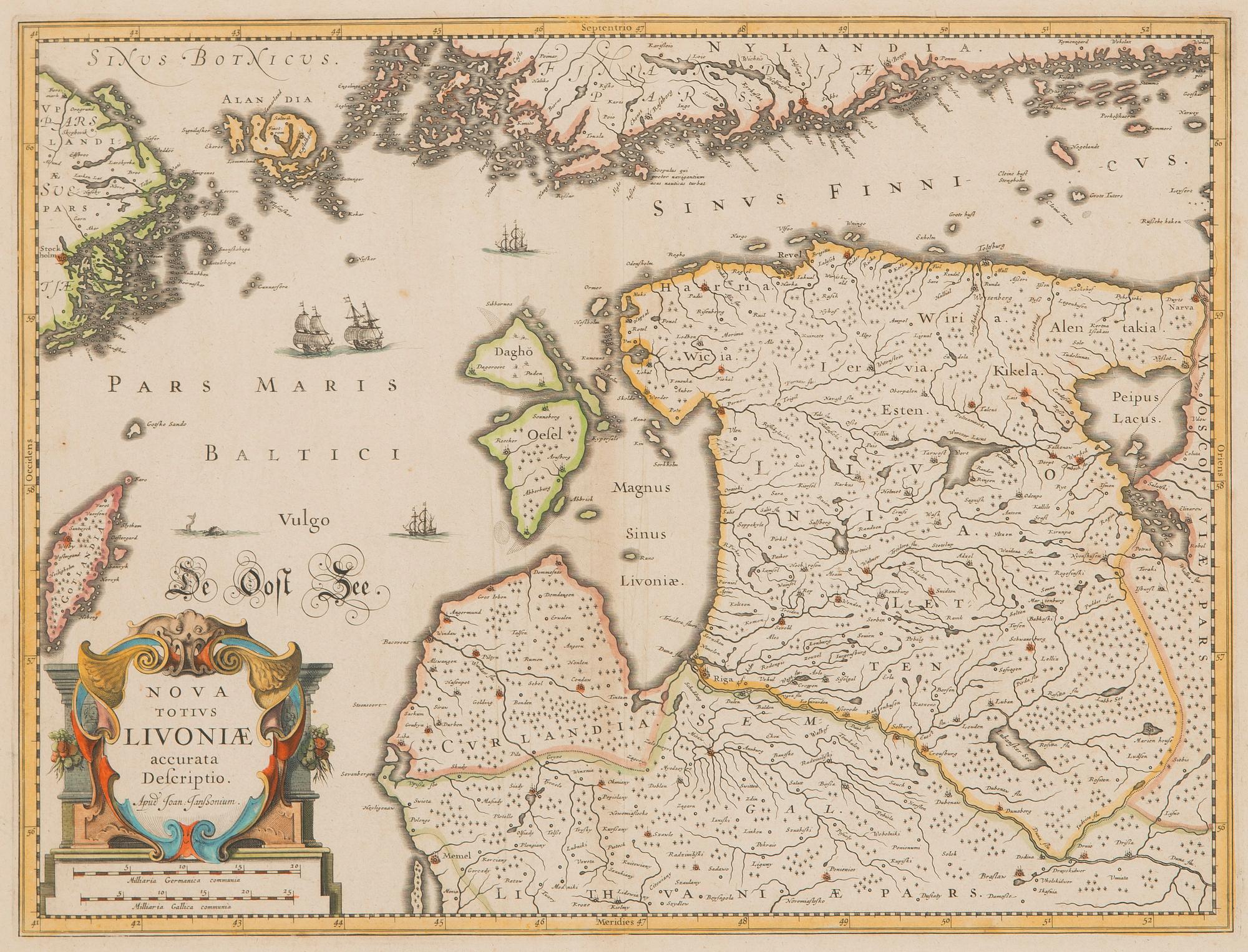 Karta, Nova Totius Livoniae, handkolorerat, kopparstick, Janssonium ca 1660.