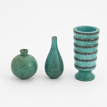 Wilhelm Kåge, a group of four stoneware vases, two bowls, three dishes and two lidded boxes, 'Argenta', Gustavsberg.