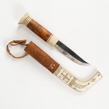 Johan Fankki, a reindeerhorn and leather knife, Kaitum, signed JF.