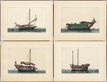 A set of 12 maritime Chinese watercolours on paper by an unknown artist, Qing dynasty, 19th Century.