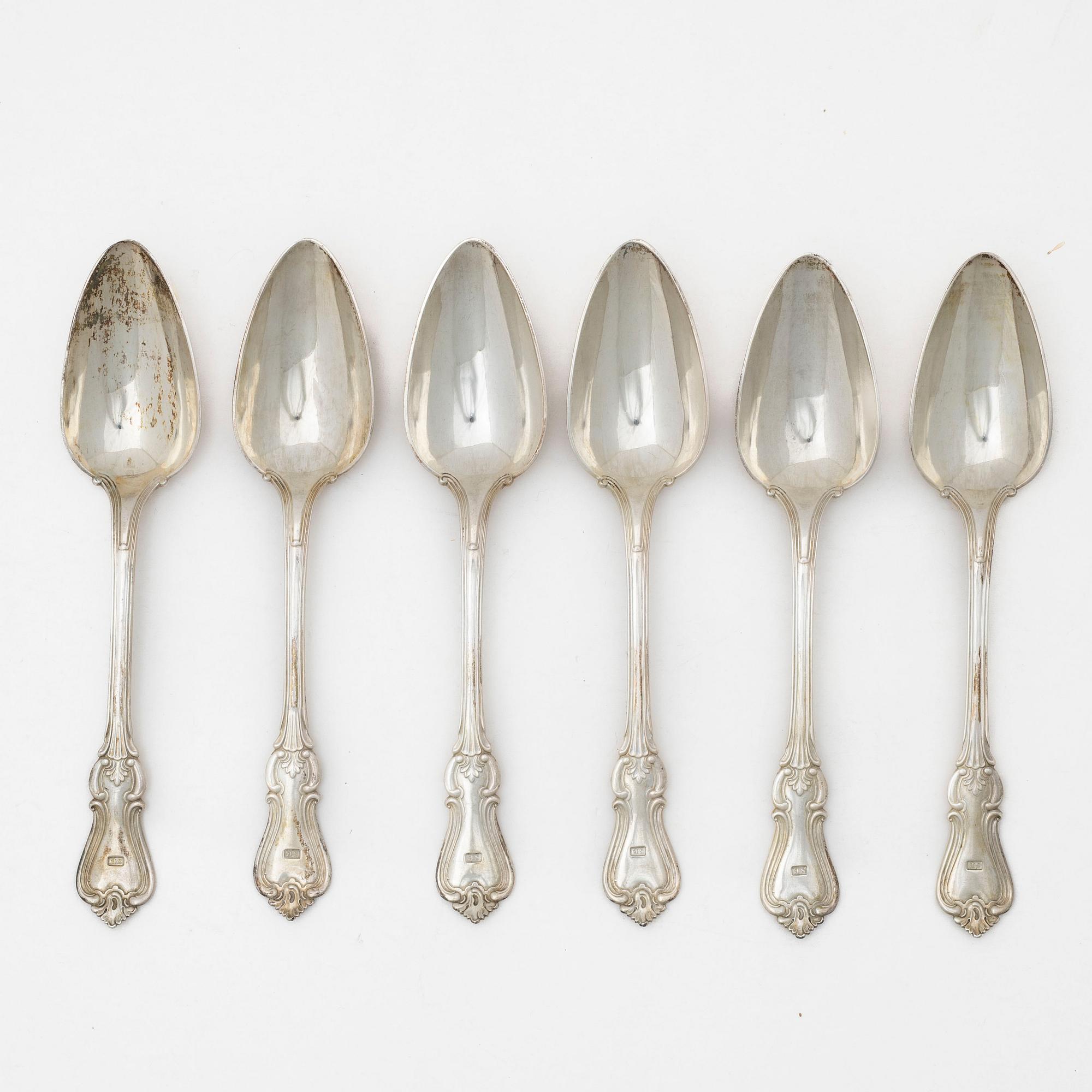 Matskedar, 6 st, silver, modell Olga, Hans Georg Vogt & Söner, Kristianstad, 1859.