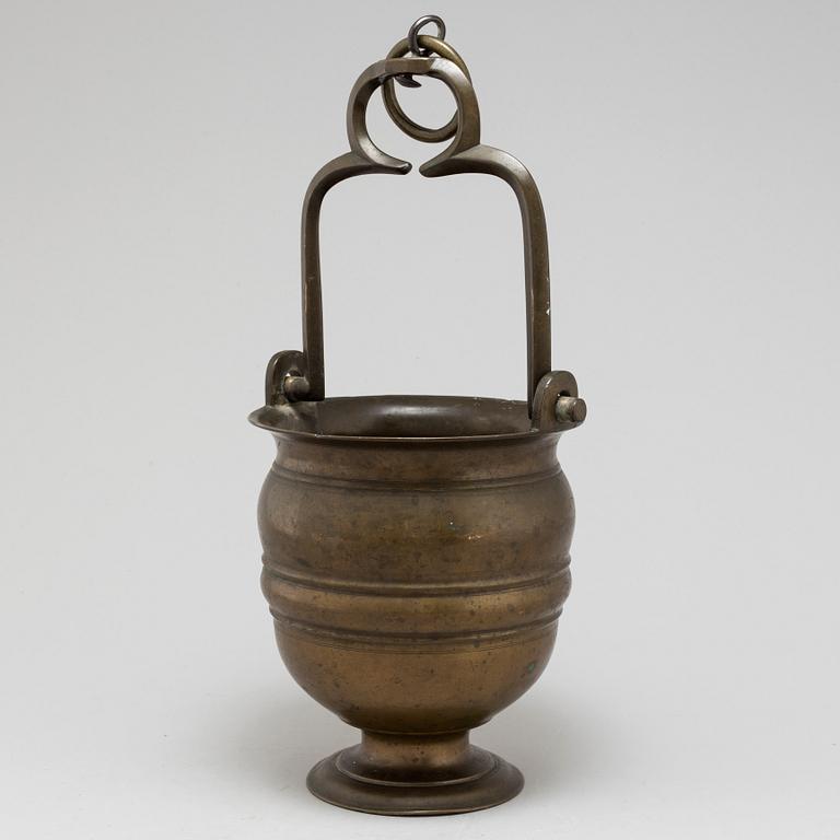 A 16TH CENTURY BRONZE HOLY WATER BOWL.