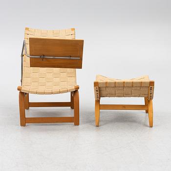 Bruno Mathsson, Chair, "Vilstol mod. 36", with reading table, and footstool "Pernilla", Karl Mathsson Company, Värnamo.