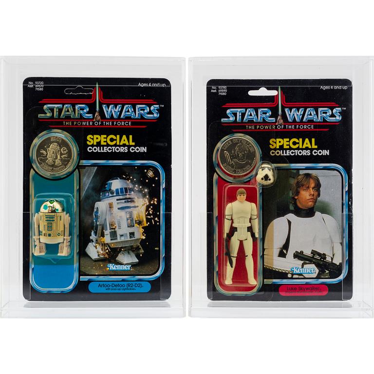 STAR WARS, Luke Skywalker (Imperial Stormtrooper Outfit) 92 back & Artoo-Detoo (R2-D2) 92 back, POTF, Kenner 1984.