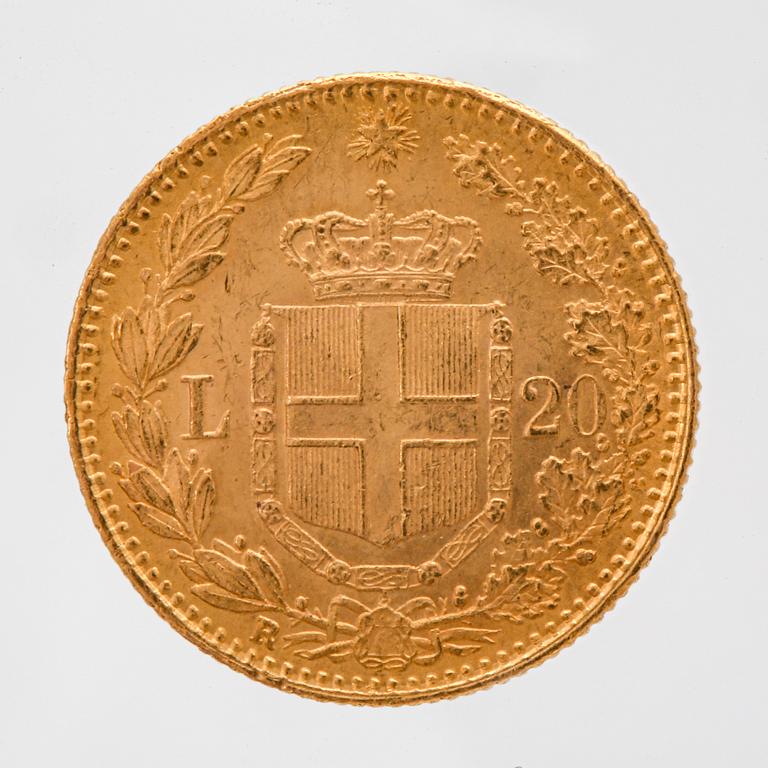 Coin, guld 21,6K (900), L 20 Italien 1882, vikt c 6,4 g.