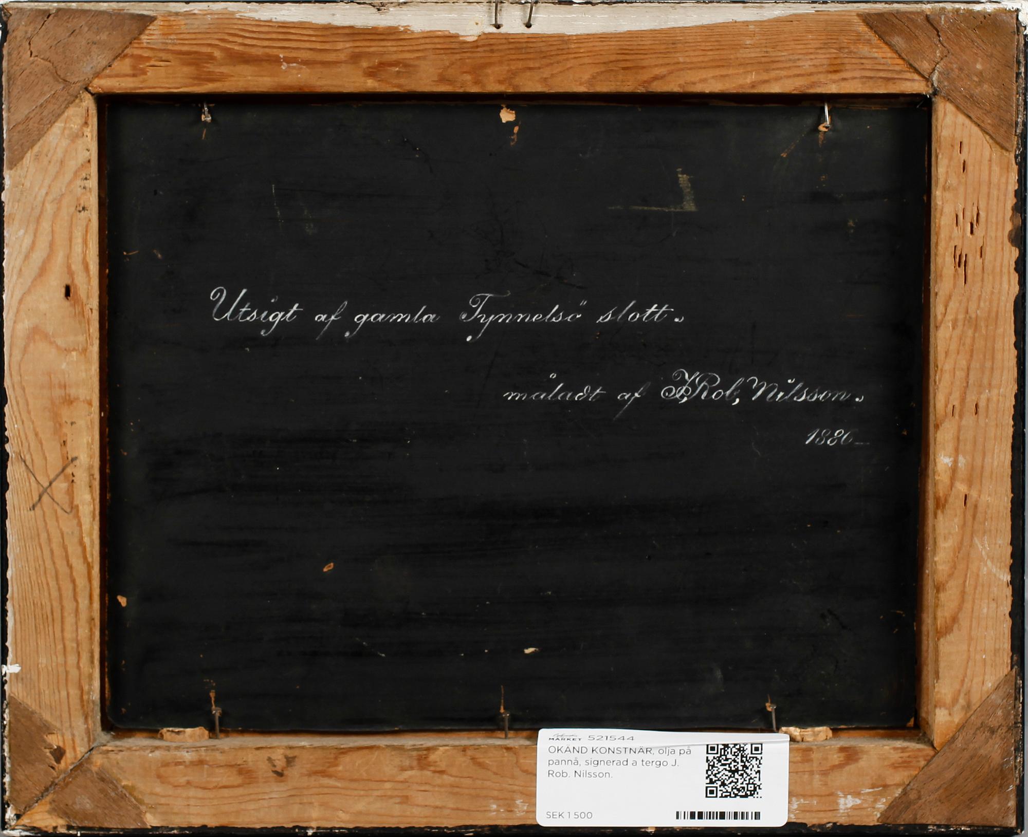 OKÄND KONSTNÄR, olja på pannå, signerad a tergo J. Rob. Nilsson.