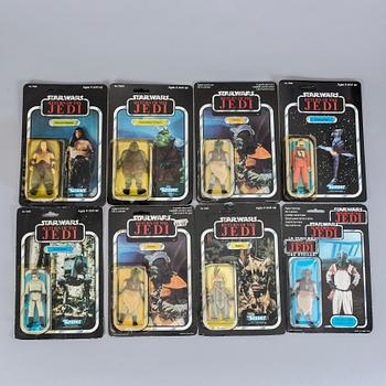 STAR WARS, 8 stycken actionfigurer i förpackning, Kenner och Palitoy, 1980-tal.