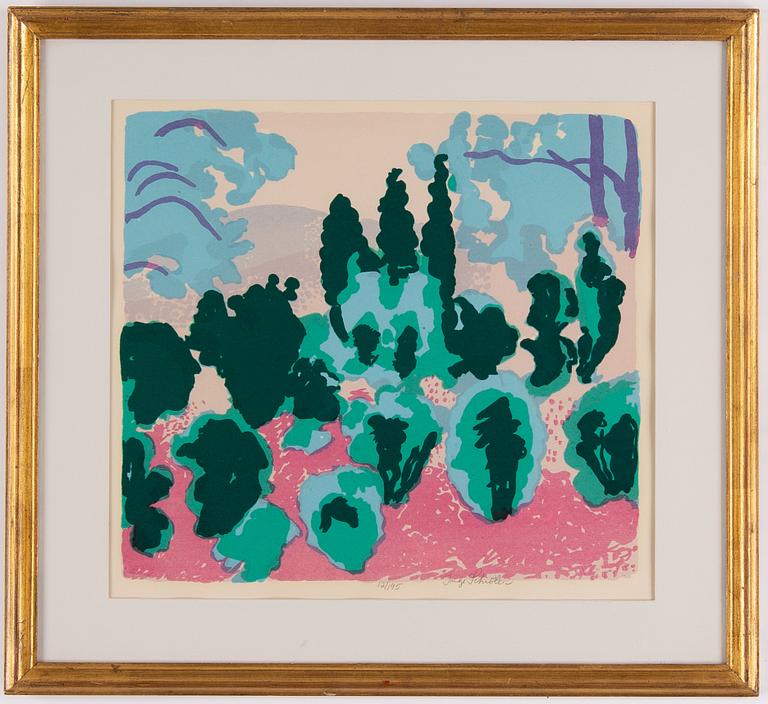 Inge Schiöler, lithograph in colours, signed 12/95.