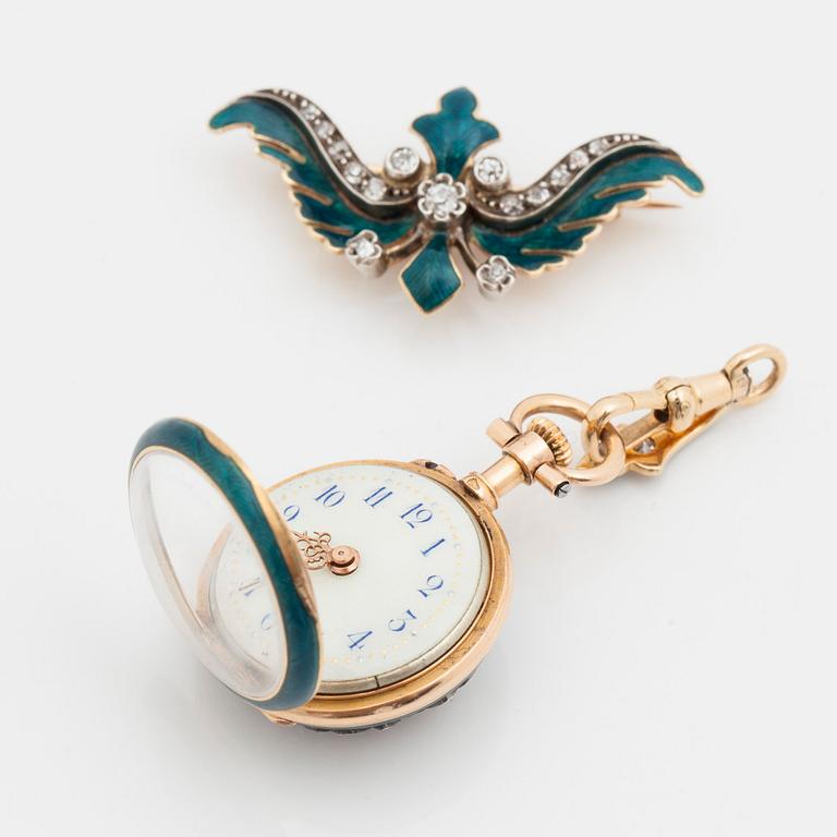 A ladies watch that can be worn as a brooch. Enamel set with diamonds. Cylinder escapement. Circa 1890-1900.