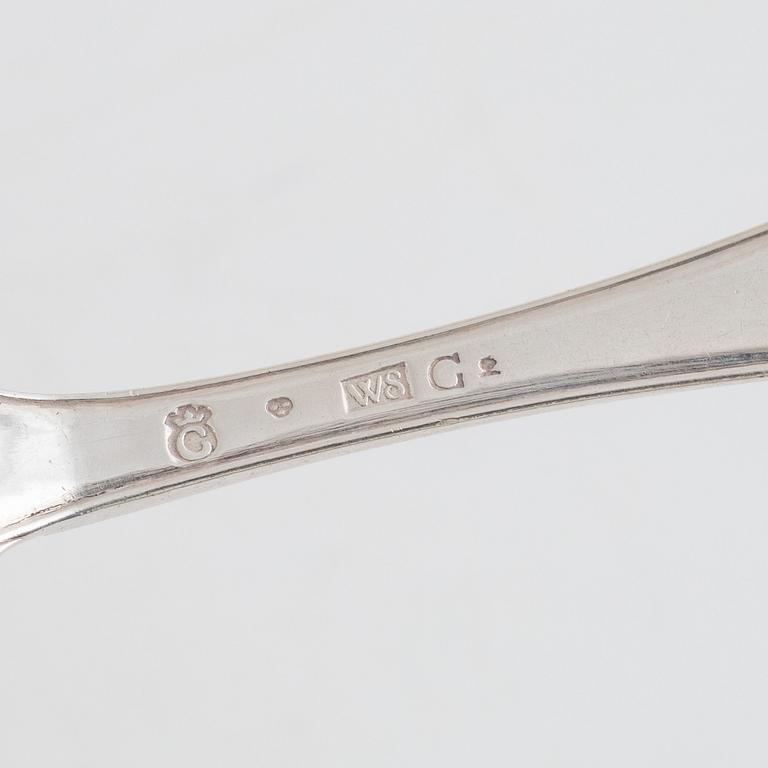 Skedar, 11 st, silver, bl.a. Gottfried Dubois, Stockholm 1743.