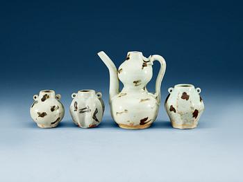 1650. A 'spotted' ewer and three jars, Yuan dynasty (1271-1368).