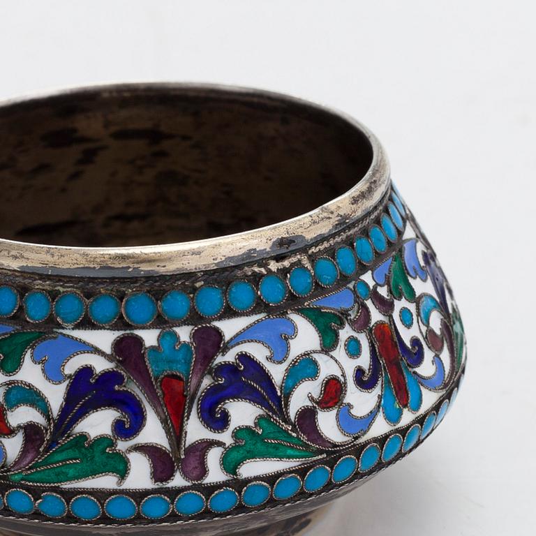 A cloisonné enamel silver gilt salt cellar,  Moscow 1895. Unclear maker's mark.