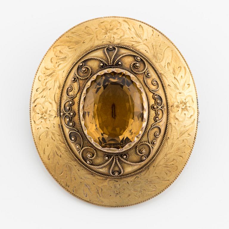 Brosch, 14K guld och citrin, 1800-tal.