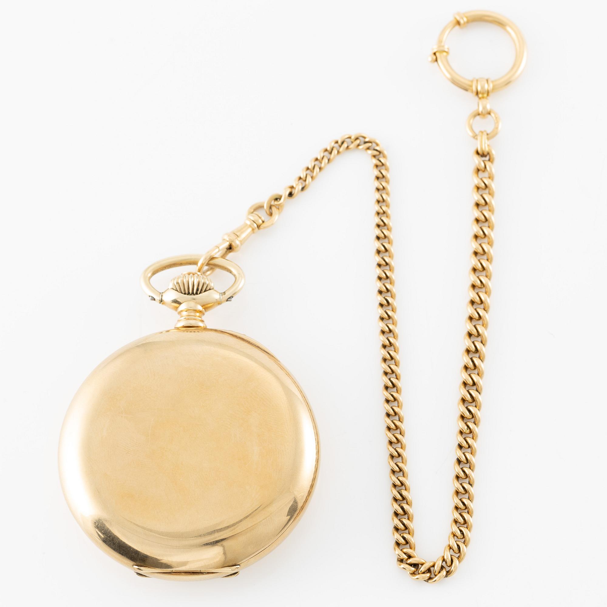 Zenith, pocket watch, 14K gold, hunter, with chain in 18K gold, 51.5 mm.