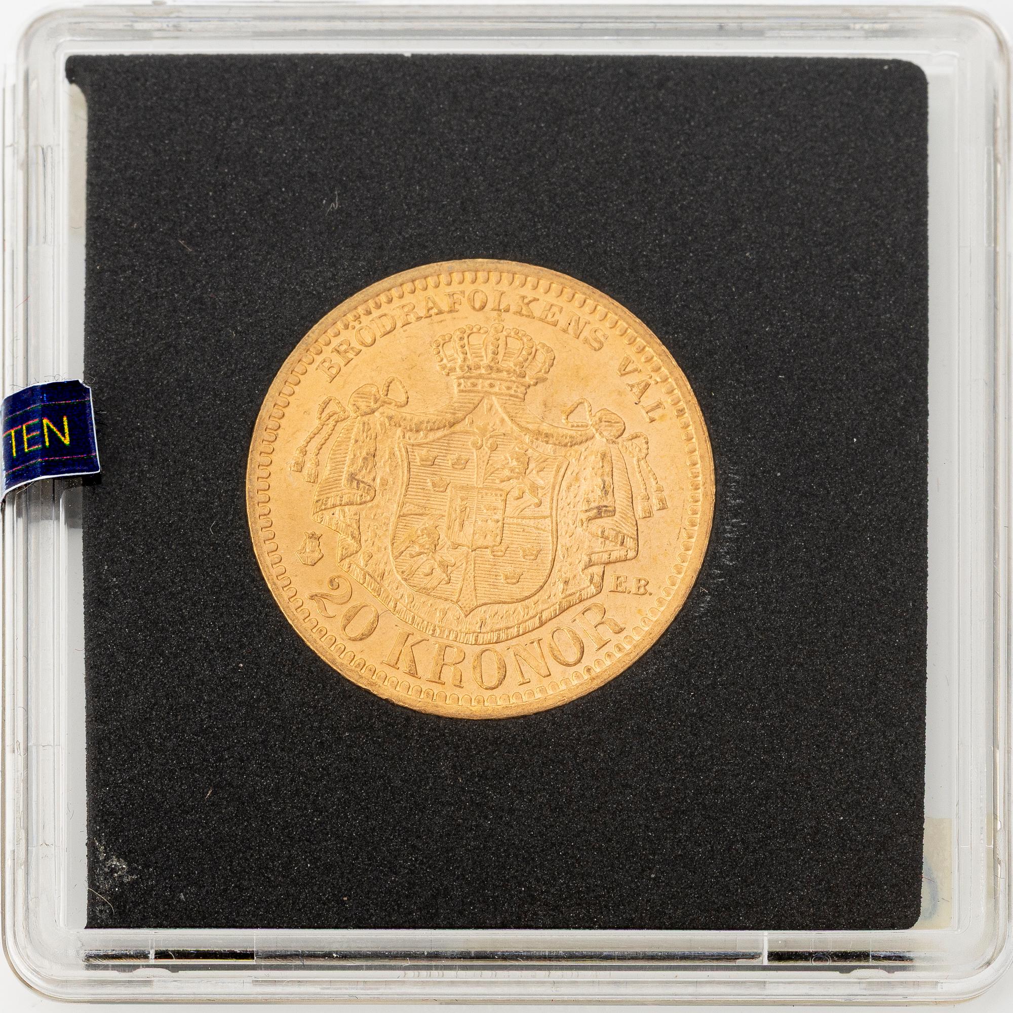 Gold coin, Oscar II, 20 kronor, type III, Sweden 1889.